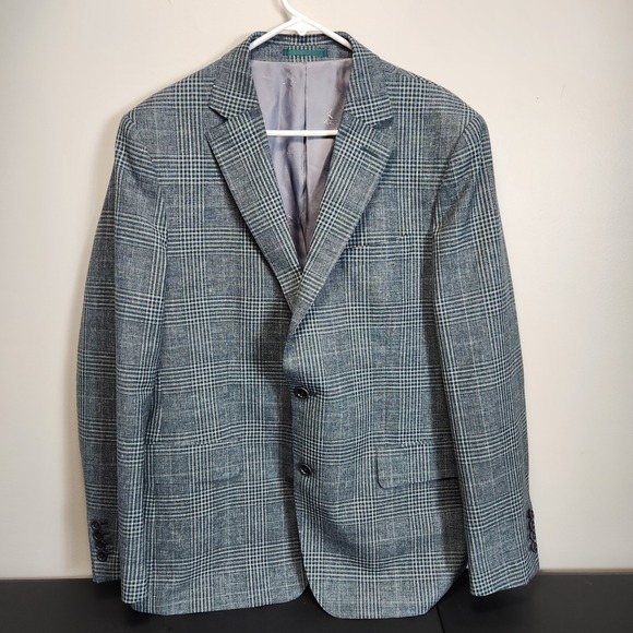 Charles Tyrwhitt Slim Fit Blazer Mens 44R Wool Silk Linen Check Green Gray